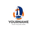 Sailing, sailboard, regatta, yacht in a lifebuoy and waves, logo design. Marine, sea, ocean, river and nautical, vector design Royalty Free Stock Photo