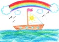 Sailing sailboat on the waves in the sea. Pencil art in childish style