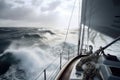 Sailing a sailboat or yacht on ocean during extreme storm with big waves, POV. Generative AI