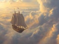 sailing ship amidst clouds, sunset sky, magical atmosphere Royalty Free Stock Photo