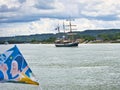 The sailing ship Atlantis, Elbe Warrior second name, is on the Seine river in France for Armada exhibition Royalty Free Stock Photo