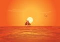 Vector sailing ship on sunset