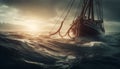 Sailing ship on blue water, sunset, mast, rope, adventure generated by AI Royalty Free Stock Photo