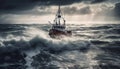 Sailing ship braves stormy seas, industrial freight generated by AI