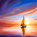 Sailing ship on calm tranquil waters, with the yacht reflecting in the sea