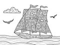 Sailing ship coloring book for adults vector Royalty Free Stock Photo