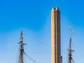 Sailing Ship Crew Climbing Mast Under Sky and Smokestack