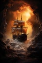 Sailing ship in the dark with smoke and fire. 3d illustration.