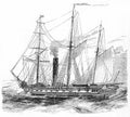 A sailing ship equipped with steam boilers