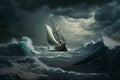 Sailing ship in a giant storm with crashing waves. Sailing Boat inside a Giant Storm dramatic scene. Ai generated