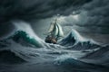 Sailing ship in a giant storm with crashing waves. Sailing Boat inside a Giant Storm dramatic scene. Ai generated