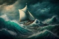 Sailing ship in a giant storm with crashing waves. Sailing Boat inside a Giant Storm dramatic scene. Ai generated