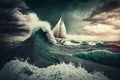 Sailing ship in a giant storm with crashing waves. Sailing Boat inside a Giant Storm dramatic scene. Ai generated