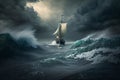 Sailing ship in a giant storm with crashing waves. Sailing Boat inside a Giant Storm dramatic scene. Ai generated