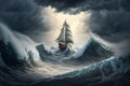 Sailing ship in a giant storm with crashing waves. Sailing Boat inside a Giant Storm dramatic scene. Ai generated