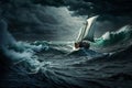 Sailing ship in a giant storm with crashing waves. Sailing Boat inside a Giant Storm dramatic scene. Ai generated