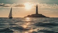 Sailing ship glides on calm water, back lit by sunset