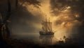 Sailing ship glides through foggy sunset, mysterious adventure generated by AI