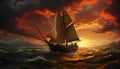 Sailing ship glides on sunset waves, nature adventurous sport generated by AI