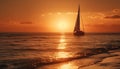 Sailing ship glides on tranquil seas, back lit by sunset generated by AI