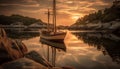 Sailing ship glides on tranquil seas, nature beauty reflected generated by AI