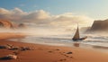 Sailing ship glides on tranquil water, reflecting nature beauty generated by AI