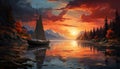 Sailing ship glides on tranquil water, sunset paints nature generated by AI