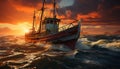 Sailing ship glides on water, sunset paints nature masterpiece generated by AI