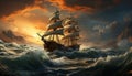 Sailing ship glides on waves, sunset paints the sky generated by AI