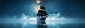 Sailing ship gliding through tranquil night waters, illuminated by stars and moonlight reflections. Royalty Free Stock Photo