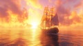 Sailing Ship at Golden Hour Sunset Ocean Royalty Free Stock Photo