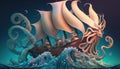 sailing ship and kraken giant octopus. Generative AI Royalty Free Stock Photo