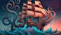 sailing ship and kraken giant octopus. Generative AI