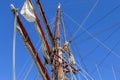 Sailing ship mast against the blue sky on some sailing boats with rigging details Royalty Free Stock Photo