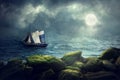 The sailing ship on moonlight Royalty Free Stock Photo