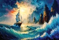 Sailing ship near the rocks, strong wind, sea view, digital painting, evening scenery