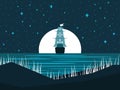 Sailing ship at night against the full moon. Moonlight on the water. Seascape. Vector Royalty Free Stock Photo