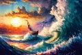 Sailing ship in ocean at sea storm, high waves, seascape, digital painting, sunset scenery