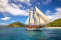 Sailing ship in the ocean on a sunny day. 3d render, Wooden tall ship sailing in a Caribbean island bay, AI Generated Royalty Free Stock Photo