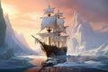 Sailing ship in the ocean at sunset. 3D illustration, An old sailing ship navigating through towering icebergs, AI Generated Royalty Free Stock Photo