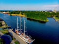 Sailing ship and old fortress near port Gdansk Royalty Free Stock Photo