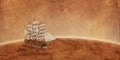 Sailing ship on old world map. Concept of a search for treasure and new discoveries Royalty Free Stock Photo