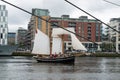 Sailing ship playing part of pirate ship on River Liffey as part of Dublin Tall Ships event