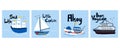 Sailing ship poster set. Cartoon hand drawn colorful sail childish print or card with lettering, water transport, sea life kids T- Royalty Free Stock Photo