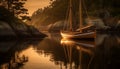 Sailing ship reflects tranquil sunset, nature beauty in nautical adventure generated by AI