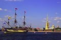 Sailing ship on the river opposite the fortress