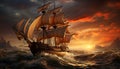 Sailing ship sails into sunset, a historic nautical adventure generated by AI