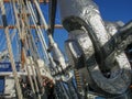 Sailing ship school Sagres. Vessel interior, mooring ropes on deck