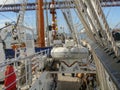 Sailing ship school Sagres. Vessel interior, mooring ropes on deck