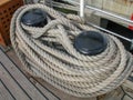 Sailing ship school Sagres. Vessel interior, mooring ropes on deck